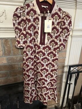 Entro Burgundy and Cream Floral Midi Dress with Zip Placket